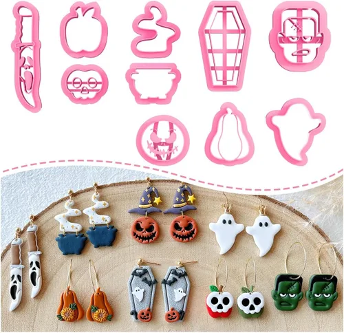 KEOKER Cortadores de arcilla polimérica para Halloween, cortadores de arcilla para la fabricación de aretes de Halloween, 10 formas de Halloween,