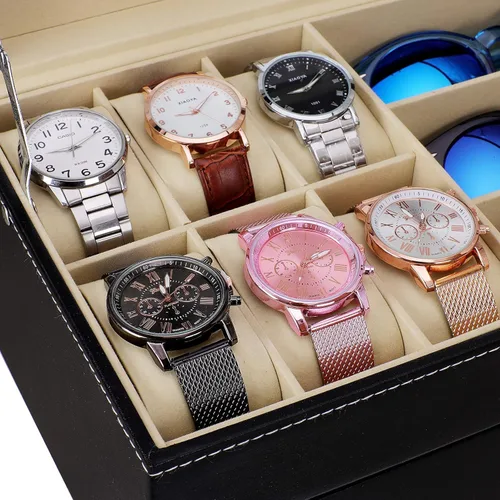 Miniatura 4 de Caja de reloj de cuero y gafas de sol organizador y caja de exhibición de joyas cajón con cerradura organizador negro
