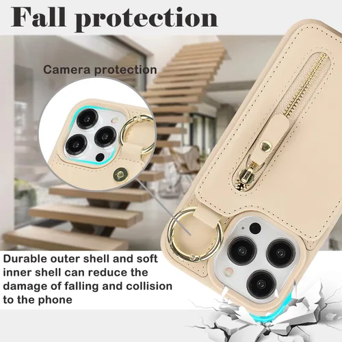 Miniatura 5 de Havaya Funda para iPhone 13 Pro con tarjetero y llavero, soporte de cuero, a prueba de golpes, con ranuras para tarjetas de crédito, cremallera