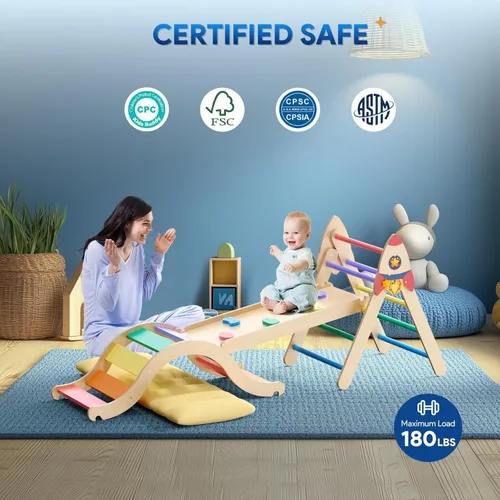Miniatura 7 de Conjunto de Triángulo Pikler con Cojín, Juguetes de Escalada 9 en 1 para Niños Pequeños de 1 a 3 Años en el Interior, Juguetes Montessori