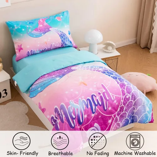Miniatura 2 de ZRNBAST Juego de ropa de cama para niñas pequeñas de 4 piezas con cola de sirena, color rosa, turquesa, degradado, arco iris, colorido, ropa de cama