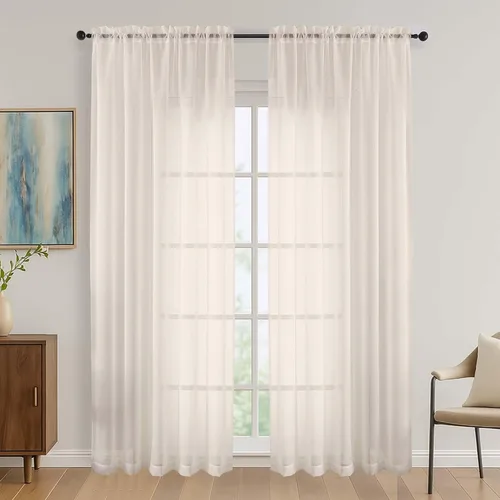 Miniatura 27 de OVZME - Cortinas traslúcidas blancas de 45 pulgadas de largo, 2 paneles, cortinas de gasa con bolsillo para barra para ventanas pequeñas, cada una