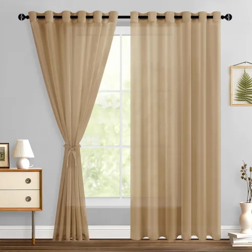Miniatura 175 de Hiasan - Cortinas traslúcidas de gasa cortas semitransparentes con ojales y alzapaños filtrantes de luz para ventana, dormitorio, baño, 2 paneles