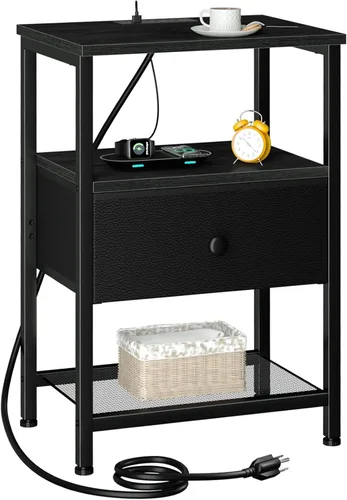Miniatura 12 de LOAKEKEL Mesita de noche, mesita de noche con estación de carga, mesa auxiliar con almacenamiento 2 cajones de tela para dormitorio, mesa auxiliar