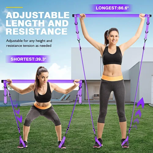 Miniatura 5 de Kit de barra de pilates Ayombo con bandas de resistencia, equipo de entrenamiento de pilates para piernas, cadera, cintura, brazo, equipo de Púrpura