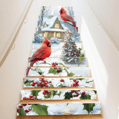 PLIGREAT 15 tiras de calcomanías de Navidad para escaleras, despegar y pegar pájaros, árbol de Navidad, calcomanías para escalones de 7.1 x 39