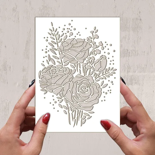 Miniatura 2 de Plantilla decorativa FLONZ de 6 x 8 pulgadas, ramo de flores de peonías y rosas para pintura de pared, álbumes de recortes y decoración de pasteles
