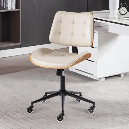 Silla de escritorio de oficina en casa con ruedas, silla de oficina sin brazos de altura ajustable, piel sintética, respaldo medio, silla de Beige