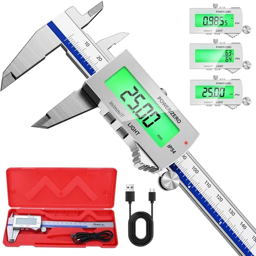 Miniatura 8 de Preciva Calibre digital de retroiluminación, micrómetro electrónico recargable impermeable IP54 de 6 pulgadas con pantalla LCD, conversiones