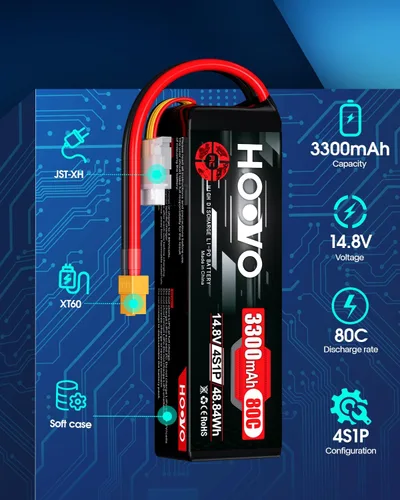 Miniatura 2 de HOOVO 4S Lipo Battery 14.8V 80C 3300mAh RC Lipo Battery Pack Softcase con conector XT60 para barco RC, coche RC, camión, drone RC Quadcopter
