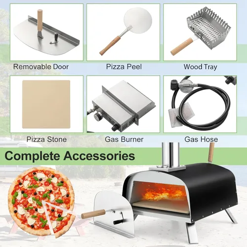 Miniatura 5 de Giantex Horno de pizza al aire libre, propano y leña con piedra para pizza de 13 pulgadas, cáscara de pizza, quemador de gas con regulador