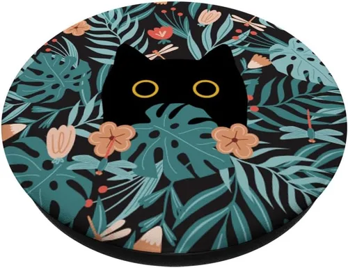 Miniatura 2 de Gato negro en flores botánicas patrón floral verde lindo gato PopSockets estándar PopGrip