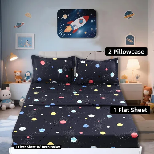 Miniatura 2 de MAG 4 sábanas espaciales tamaño individual, con temática del espacio exterior de planetas, microfibra súper suave, para niños, adolescentes, niños