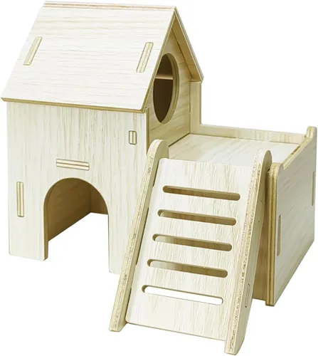 Miniatura 12 de Accesorios de jaula de escondite para hámster Sirvarni - Casa y hábitat de hámster en madera con cabaña oculta, escalera para escalar y tobogán