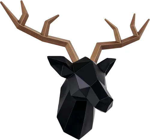 Keygift Decoración de pared geométrica de cabeza de ciervo negro y cobre, resina de taxidermia sintética, cabeza de animal, montaje en pared,