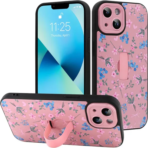 Miniatura 20 de Funda diseñada para iPhone 17 Pro Max con soporte plegable y correa para dedos, bonito patrón de lazo de corazón de flor rosa para mujeres y niñas
