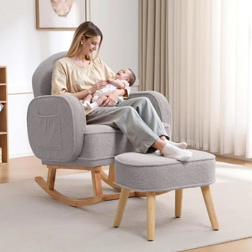 HCHAIRH Mecedora para guardería con otomana, mecedora tapizada con respaldo alto y bolsillo lateral, sillón con patas de madera maciza para Gris