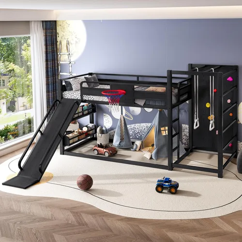 Miniatura 4 de Bellemave Litera de tamaño individual con aro de baloncesto, anillos de dominadas y pared de escalada, litera individual con tobogán y estantería