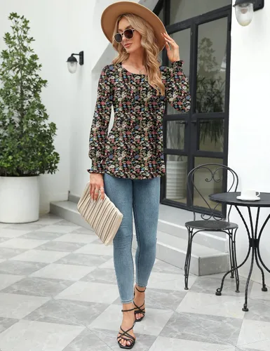Miniatura 4 de LOMON Blusa de manga larga y corta para mujer, plisada, cuello redondo, estilo casual, holgada, para otoño
