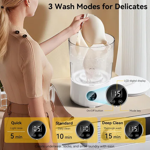 Miniatura 3 de Lavadora de ropa interior de 1.5 L, mini lavadora portátil recargable con 3 modos de limpieza para ropa personal, ropa interior, calcetines, ropa