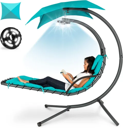 Miniatura 28 de Best Choice Products Tumbona curvada colgante iluminada por LED para patio trasero, patio, césped con 3 ajustes de luz, almohada resistente a
