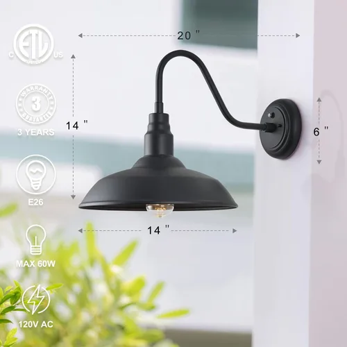 Miniatura 5 de Lámpara de granero de cuello de cisne grande de 14 pulgadas para exteriores, del atardecer al amanecer, lámpara exterior negra mate, aplique