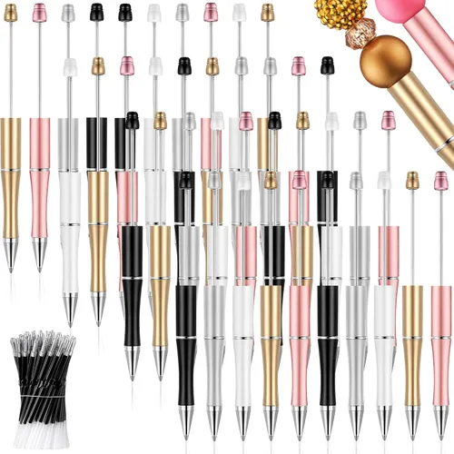 Miniatura 10 de Crtiin Kit de 100 bolígrafos de plástico con cuentas de 50 cuentas, con 50 recambios para manualidades, regalo para oficina (negro)