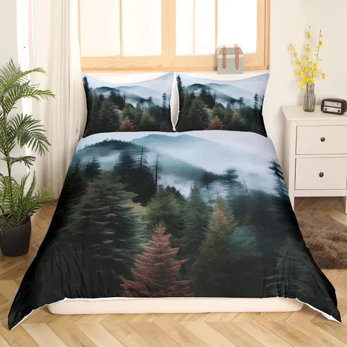 Miniatura 2 de Erosebridal - Juego de ropa de cama con diseño de parque nacional, funda de edredón de montañas humeantes, funda de edredón verde bruma y árbol