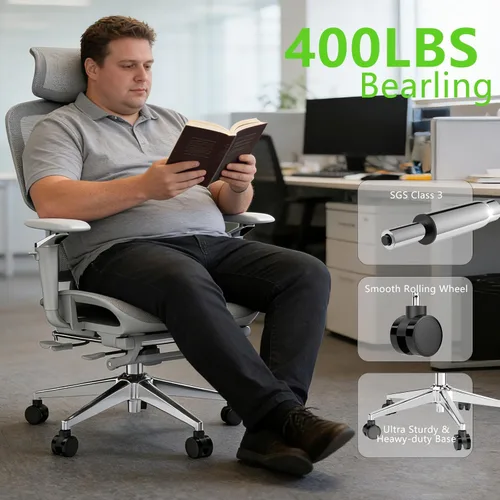 Miniatura 7 de Silla de oficina ergonómica con reposapiés, silla de escritorio de malla de respaldo alto, soporte lumbar y reclinable de 90-135°, reposacabezas 3D