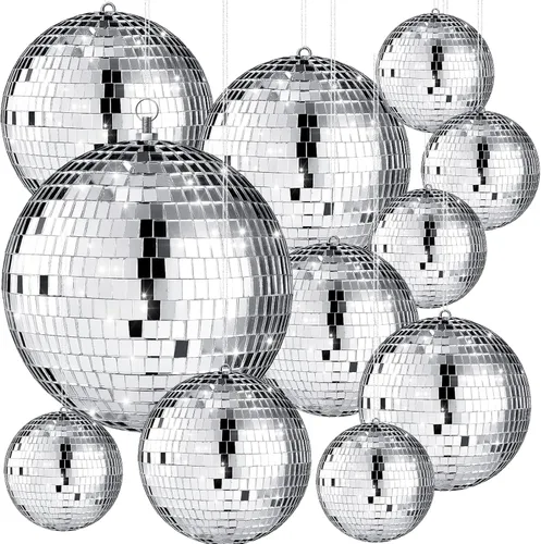 Libima Paquete de 12 Bolas de Discoteca Grandes de Decoración Navideña de Diferentes Tamaños Espejo Plateado Colgantes Adornos de Bola de Discoteca