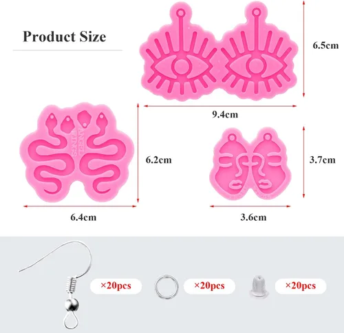 Miniatura 2 de Kit de 103 moldes de resina para aretes – Molde de silicona con forma de serpiente de cara de niña, molde de silicona epoxi para aretes con ganchos