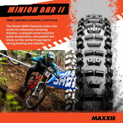 Miniatura 2 de Neumático MAXXIS Minion DHR II - Compuesto dual EXO - Clasificación E25, sin cámara Excelente frenado y tracción en curvas en terrenos empinados