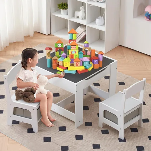 Karl home Juego de mesa y silla 3 en 1, mesa de actividades con almacenamiento, silla de escritorio de madera para niños de 1 a 3 años, mesa de