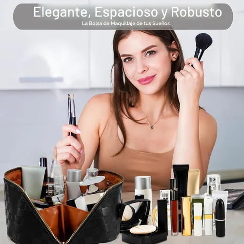 Miniatura 2 de Bolsa de cosméticos de viaje de gran capacidad - Bolsas de maquillaje portátiles para mujeres, impermeable, de cuero PU a cuadros, con organizador
