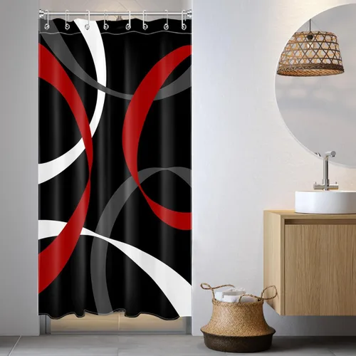 Miniatura 39 de LB Cortina de ducha abstracta rosa para baño, cortina de ducha de tela a rayas grises y blancas sobre fondo negro con ganchos, juego de cortinas