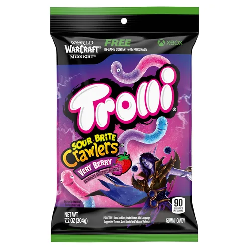 Trolli Sour Brite Crawlers, caramelos, sabor frutos rojos, dulce y ácido, gusanos de goma, 7.2 onzas