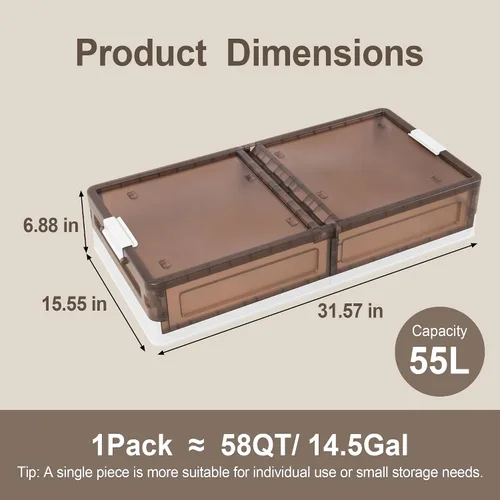 Miniatura 2 de Contenedores de almacenamiento de plástico para debajo de la cama, 58 cuartos de galón / 14.5 galones con tapa y 8 ruedas enrollables, plegables
