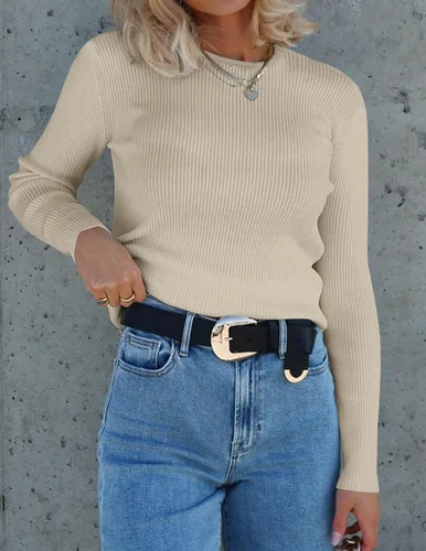 Miniatura 9 de ZESICA Camisetas de manga larga con cuello redondo para mujer, para otoño, de punto acanalado, ajustadas, casuales, color sólido, básicas