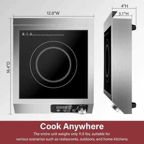 Miniatura 5 de Cocina de inducción comercial de 3500 W: cuenta con control de potencia de precisión de 10 niveles y enfriamiento de bajo ruido para chefs caseros