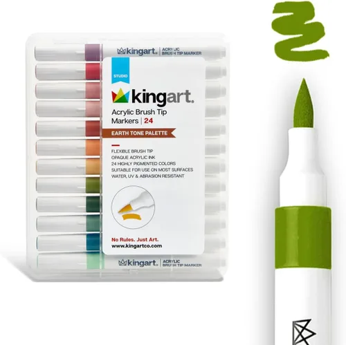 KINGART Marcadores de pintura acrílica de 24 colores, bolígrafos de punta de pincel para piedra, madera, caligrafía, lienzo, cerámica, metal,