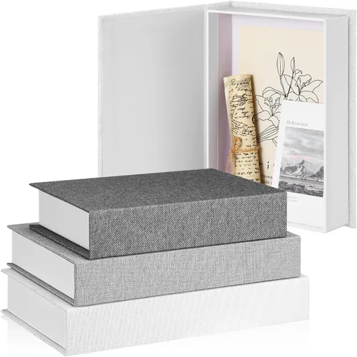 Miniatura 12 de Tioncy Caja de libros falsos de lino neutro, 3 piezas, decoración de imitación para decoración del hogar, estantes, mesa, tarjetas, fotos, regalo