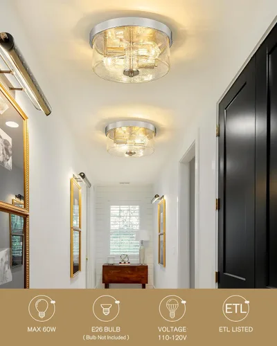 Miniatura 3 de Emak FM082-BN - Lámpara de techo de níquel cepillado de 2 luces, de 11 pulgadas, con pantalla de vidrio semillado para dormitorio, sala de estar