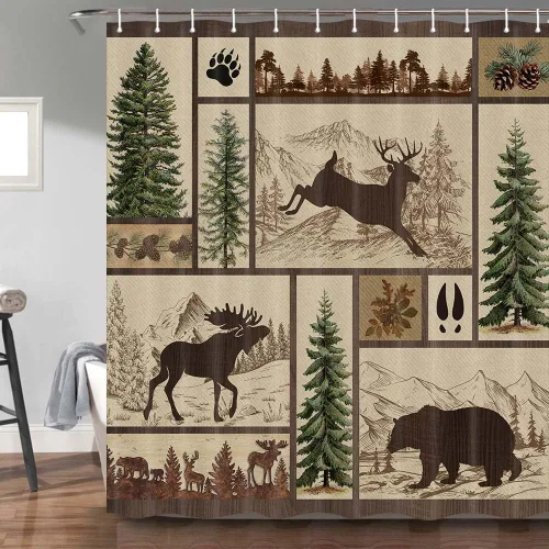 Miniatura 12 de Torich Juego de cortinas de ducha de oso rústico, diseño de bosque y bosque, caza, animales, cabaña, tablero de madera, decoración de baño