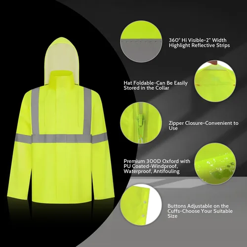 Miniatura 8 de TCCFCCT Chaqueta de lluvia de alta visibilidad para hombre, impermeable, abrigo de lluvia de alta visibilidad para hombres y mujeres con capucha