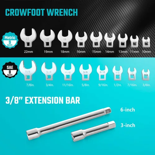 Miniatura 3 de DURATECH Juego de llaves Crowfoot de 3/8 pulgadas con 2 barras de extensión, SAE y métricas, 19 piezas, 10-22mm y 3/8"-7/8", acero CR-V