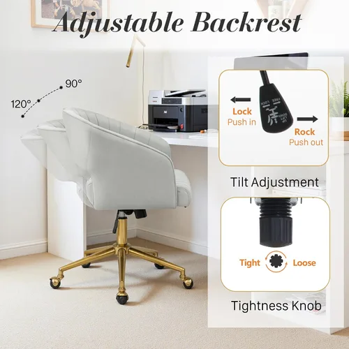 Miniatura 7 de Silla de escritorio giratoria para oficina en casa, moderna silla de escritorio de terciopelo, sillón de altura ajustable con base dorada, silla