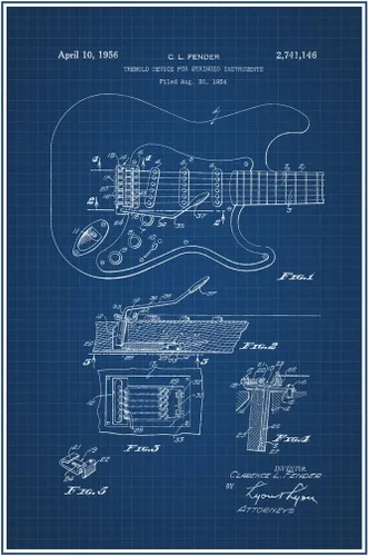 Guitarra eléctrica 1956 Oficina de Patentes Oficina Oficial Diseño de Blueprint Instrumento de cuerda Rock Roll Banda de música Cuerdas Trastes