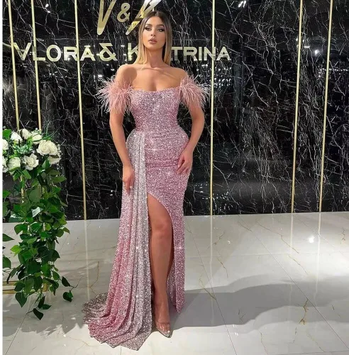 Miniatura 8 de Vestidos de fiesta de lentejuelas con hombros descubiertos, vestido formal de sirena brillante, vestido largo de fiesta de noche con abertura