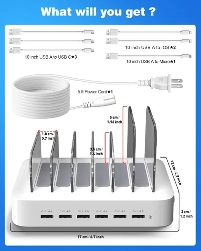 Miniatura 8 de MSTJRY Estación de carga para múltiples dispositivos: estaciones de carga USB de 6 puertos - Base de carga organizadora familiar para múltiples