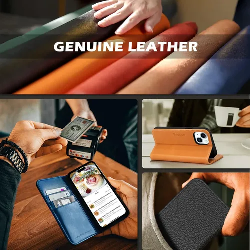 Miniatura 9 de SHIELDON Funda para iPhone 15 6.1" 2023, Funda Tipo Cartera de Cuero Genuino con [Soporte] [Tarjetero con Bloqueo RFID] [Magnética] Cubierta